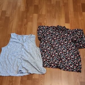 SHEIN Navy Floral Ruffle Blouse And Lands End Tank Top